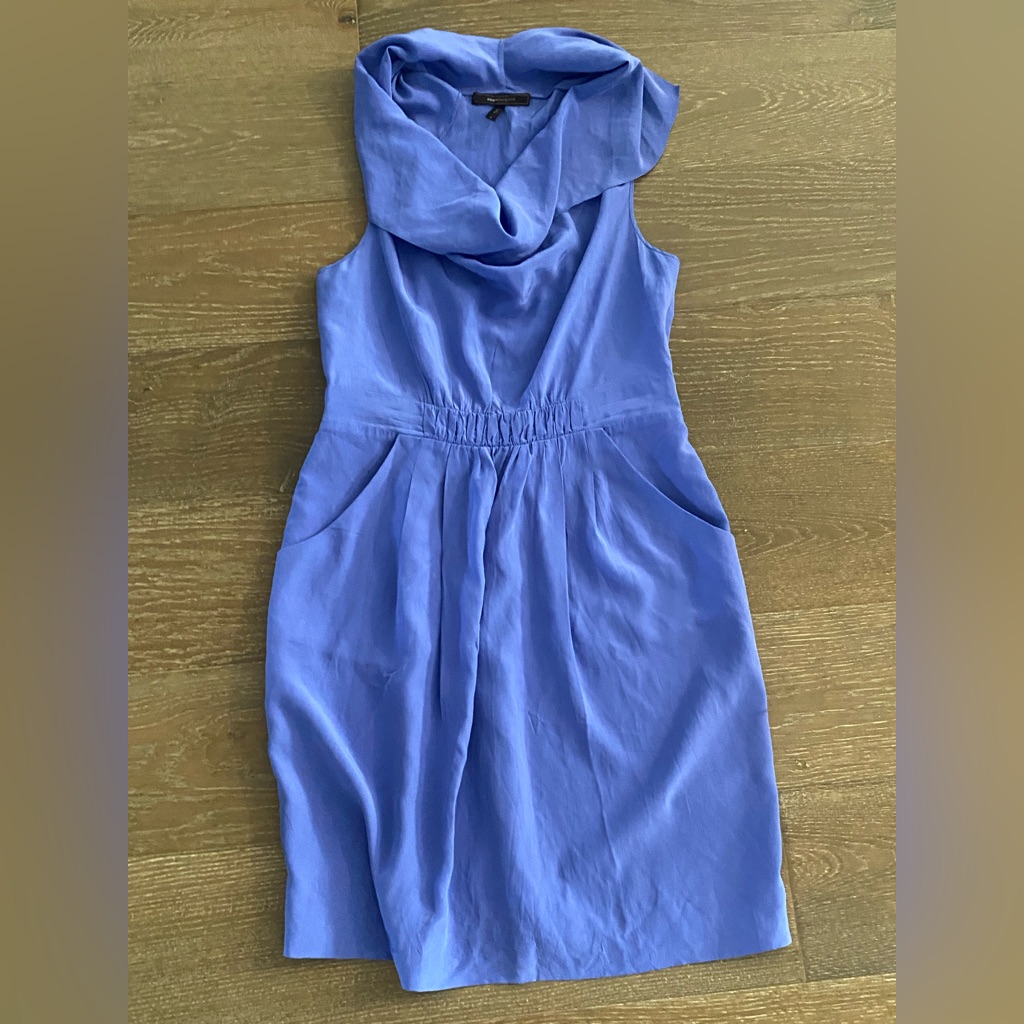 New Bcbgmaxazria Periwinkle Blue 100% Silk Cowl Neck Cocktail Draped Dress M
